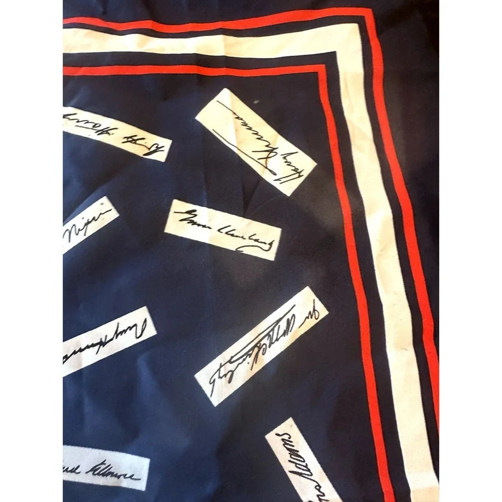 US President Signature Scarf Vintage 80s Millicent Ronald Reagan Blue Polyester